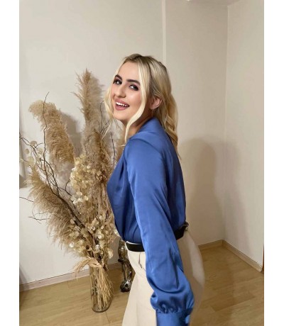 Mavi Saten Kruvaze Gömlek